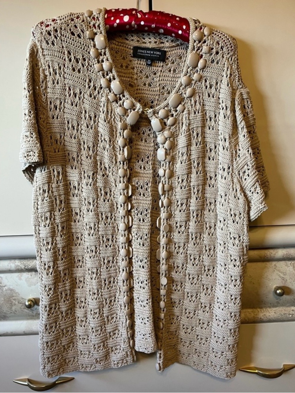 Jones New York Beige Crochet Short-Sleeve Cardigan with Bead Trim